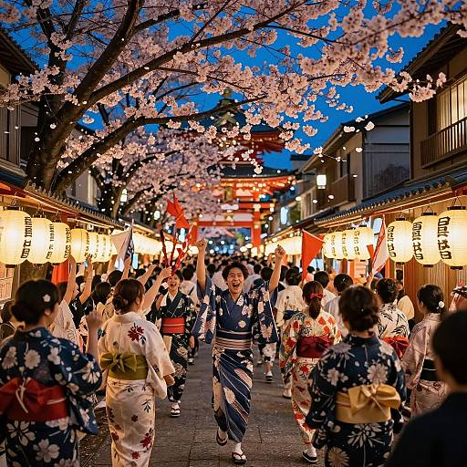 Photograph of a vibrant Japanese festival at dusk, featuring women in traditional kimonos dancing under cherry blossom trees, illuminated by glowing lanterns.