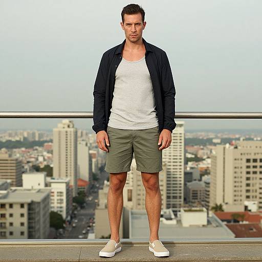 Photograph of a fit, attractive man with short brown hair, wearing a white tee, dark jacket, green shorts, and white sneakers, standing on