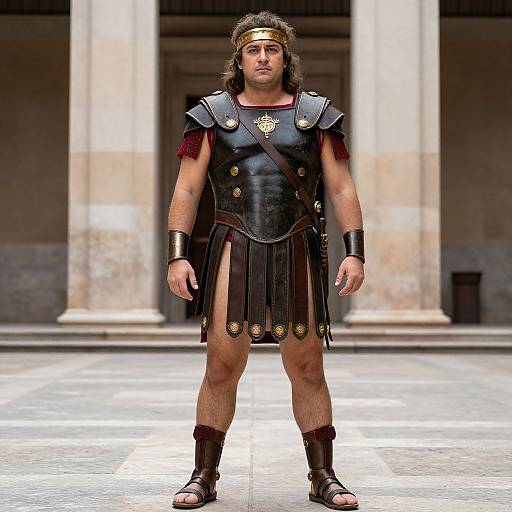 Photograph of a man in a Roman gladiator costume, black leather armor, gold accents, red undergarment, and sandals, standing in front