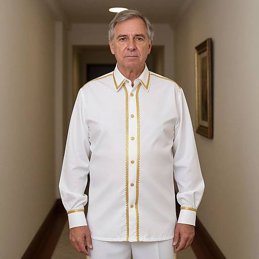 Middle-aged man with gray hair, wearing a white long-sleeve shirt with gold trim, standing in a dimly lit hallway. Photograph.