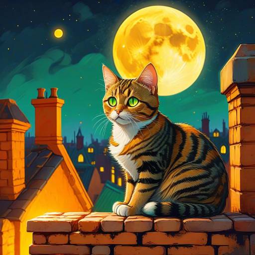 Whimsical Tabby Cat Under Yellow Moon