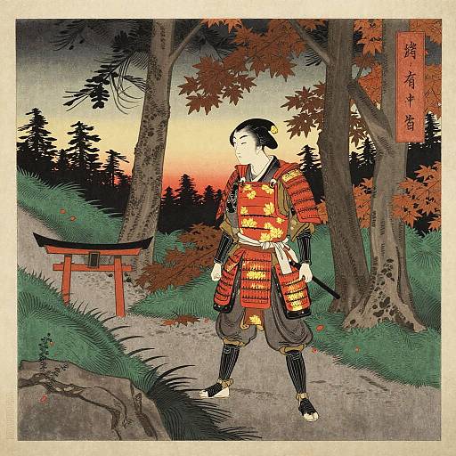 Traditional Japanese woodblock print of a samurai in red and gold armor standing in a forest at sunset, with a torii gate in the background.
