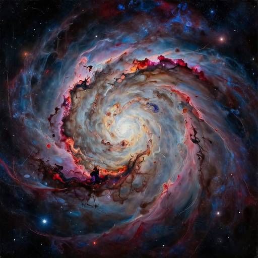 Photograph of a vibrant, swirling galaxy with a bright central core, surrounded by colorful nebulae, red and blue hues, and star-filled space