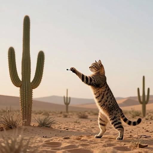 Photograph of a curious tabby kitten with black stripes, standing on hind legs, reaching towards a tall desert cactus in a sunlit, sandy
