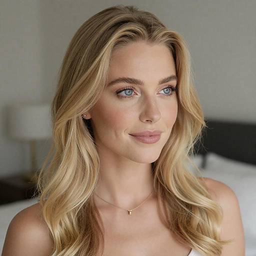 Blonde woman with blue eyes smiling indoors