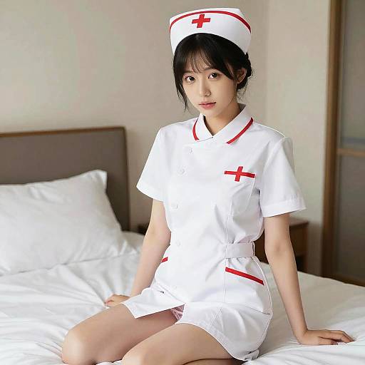 Photograph of an Asian woman with black hair in a white nurse outfit with red cross, sitting on a bed with white sheets in a softly lit room