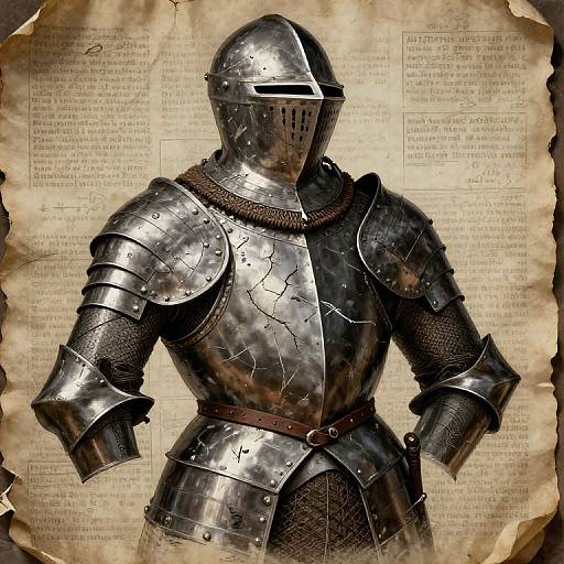 Photograph of medieval knight's shiny, cracked steel armor with a visor helmet, brown belt, and chainmail, against aged parchment background.