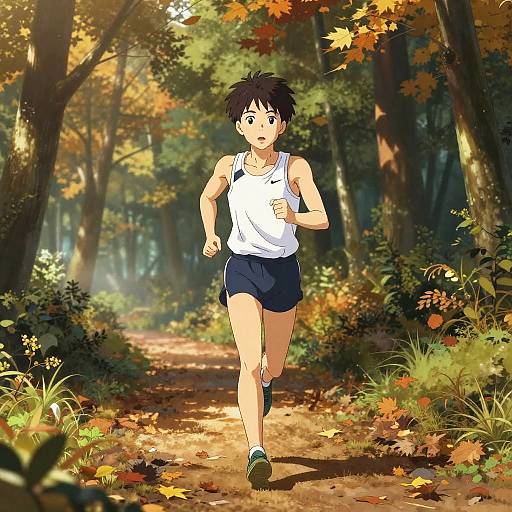 Anime-style digital illustration of a young, slim male runner with short black hair, wearing a white tank top and blue shorts, running on a sunlit