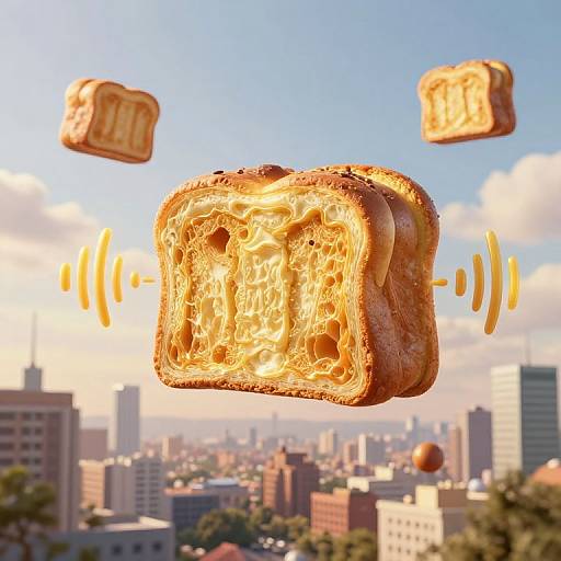 CGI image of a floating, glowing, honeycomb-filled slice of toast with radio waves above a sunny city skyline.