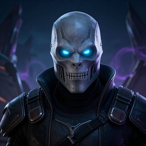 Photorealistic CGI of a menacing, cybernetic skull-headed character with glowing blue eyes, wearing dark, armored clothing, against a blue and purple