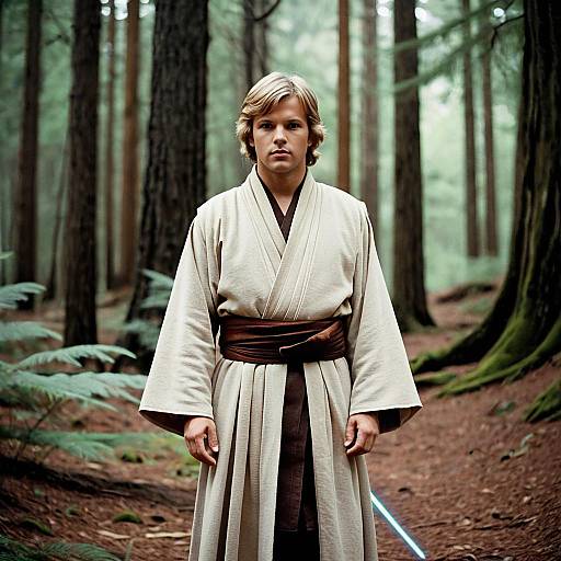 Man in Jedi Robes Standing in Forest