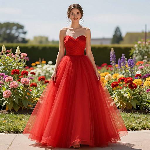Elegant Red Ball Gown in a Garden