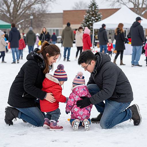 Photograph of a smiling Asian couple kneeling in snow, dressed in black winter coats, beside two children in colorful winter clothes, at a festive outdoor event