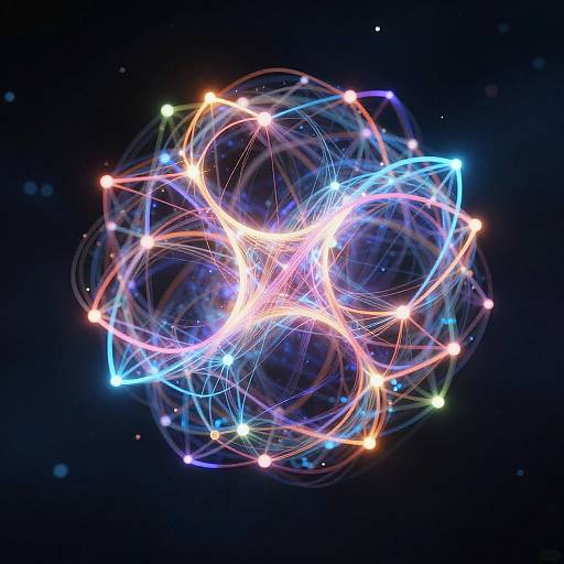 Bright, colorful, glowing sphere of intersecting light trails in neon blue, pink, and white against a dark, star-filled background. Digital art.