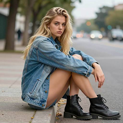 Serious Young Woman on Sidewalk