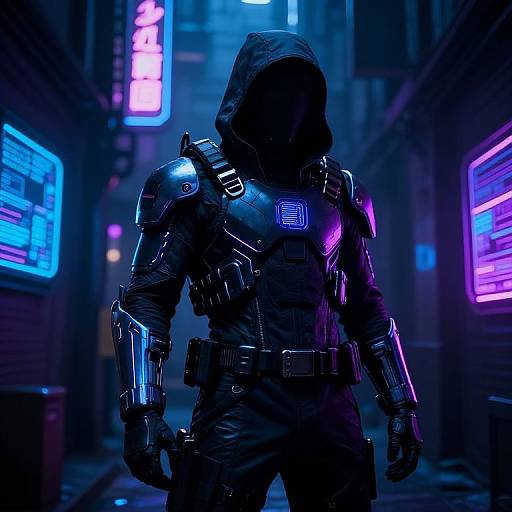 Cyberpunk night scene: Dark hooded figure in shiny, neon-lit, futuristic armor stands in a neon-lit alley with vibrant blue and