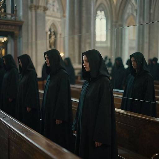 Photograph of cloaked monks standing in a dimly lit, ornate cathedral, reflections visible in glass, Gothic architecture in background.