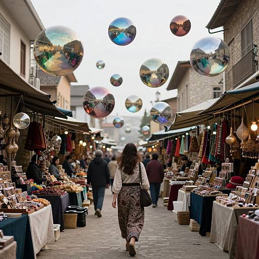 Photograph of a bustling outdoor market with colorful, reflective bubbles hanging above. A woman in a patterned dress walks down the aisle past stalls with jewelry