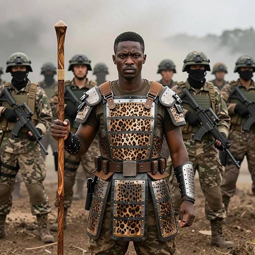 Intense Warrior Confronts Armed Soldiers