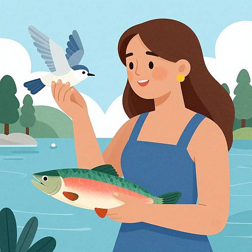 Cartoon-style illustration of a smiling woman with brown hair, wearing a blue dress, holding a fish while a blue bird hovers. Background: bright