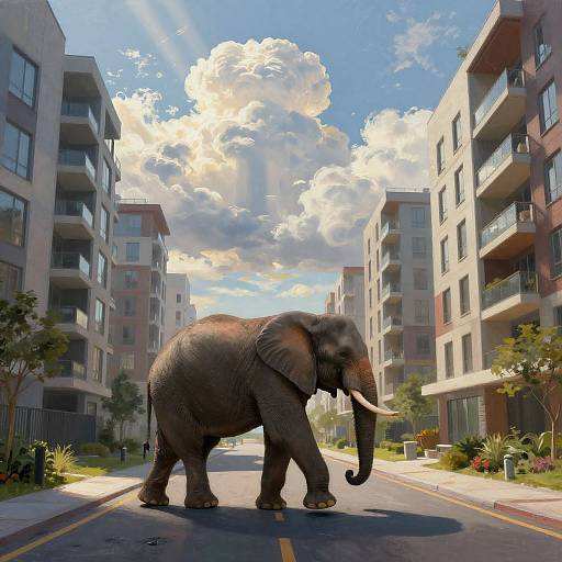 Photorealistic digital art of a large elephant walking down a suburban street flanked by modern apartment buildings under a bright, cloudy sky.