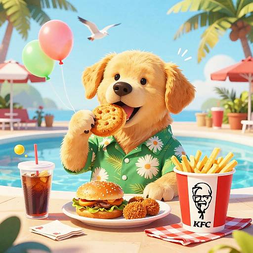 Cheerful Golden Retriever at Tropical Poolside