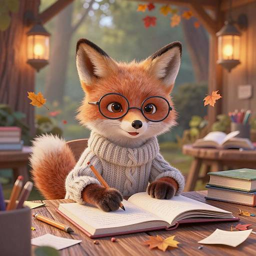 Cheerful Fox Cub Studying Cozy Autumn