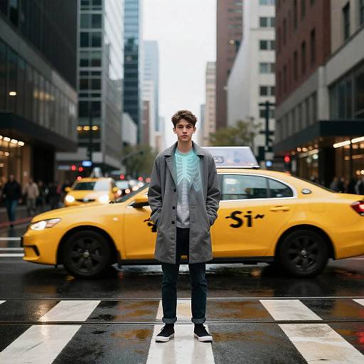 Teenage Boy with Ghostly Skeleton Overlay in Urban Crosswalk