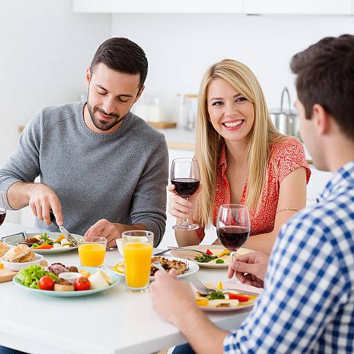 Photograph of three smiling adults, one man and two women, dining together at a bright, modern table with colorful food and drinks.