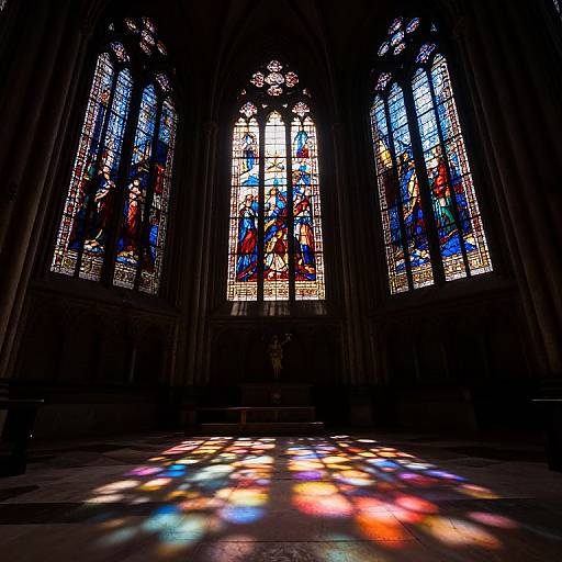 Photograph of vibrant stained glass windows in a dimly lit cathedral, casting colorful light patterns on the stone floor.
