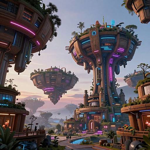 Digital art of futuristic, floating, cyberpunk-style buildings with neon lights, lush greenery, and a sunset sky, set in a whimsical,