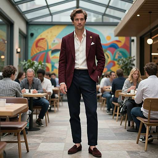 Photograph of a stylish man with curly hair, wearing a burgundy blazer, white shirt, and black pants, standing in a colorful, modern