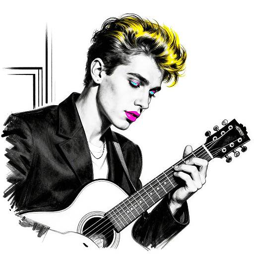 Digital art of a stylish, androgynous musician with yellow-streaked black hair, bold pink lipstick, black blazer, and acoustic guitar