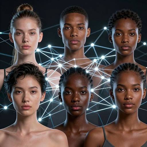 Photograph of six diverse women with different skin tones, hairstyles, and expressions, standing in front of a glowing, geometric light background.