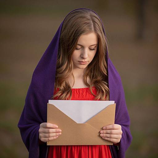 Photograph of a young woman with long brown hair, wearing a purple hooded cloak over a red dress, holding a brown envelope with a white letter