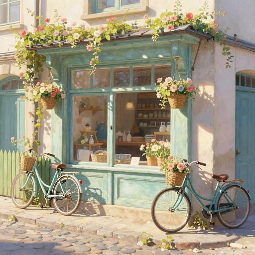 Photograph of a charming, sunlit, pastel blue shop with flower baskets, two green bicycles, and a cobblestone street.