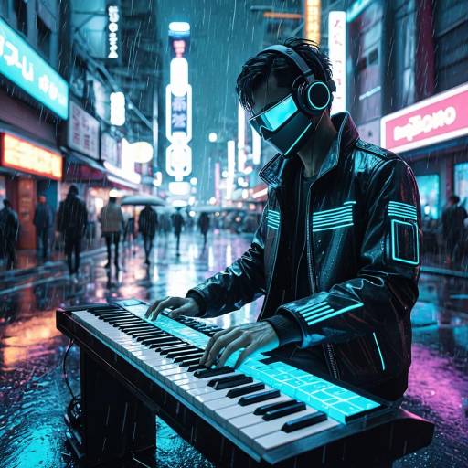 Cyberpunk Android Musician Playing Holographic Keyboard