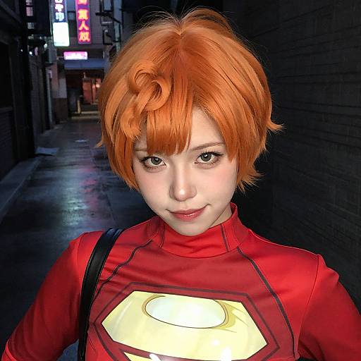 Photograph of a young woman with short, bright orange hair, wearing a red superhero costume with a glowing yellow emblem, standing in a dark, neon