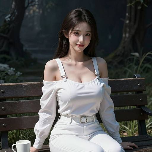 Photograph of an East Asian woman with long black hair, wearing an off-shoulder white dress, sitting on a wooden bench in a sunlit