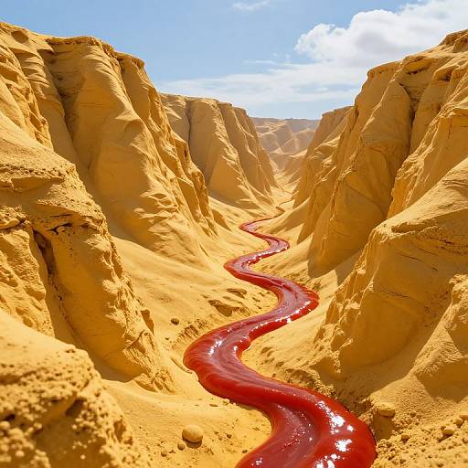 Photograph of a vivid red, winding river cutting through towering, sunlit, yellow-orange canyon walls under a bright blue sky with scattered clouds.