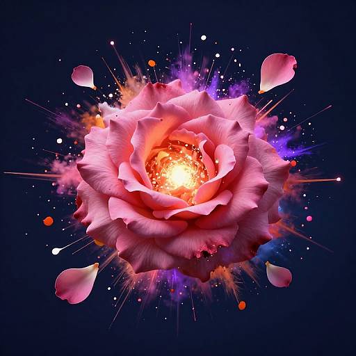 Digital art of a vibrant pink rose exploding with glowing center, surrounded by colorful splatters and petals against a dark blue background.