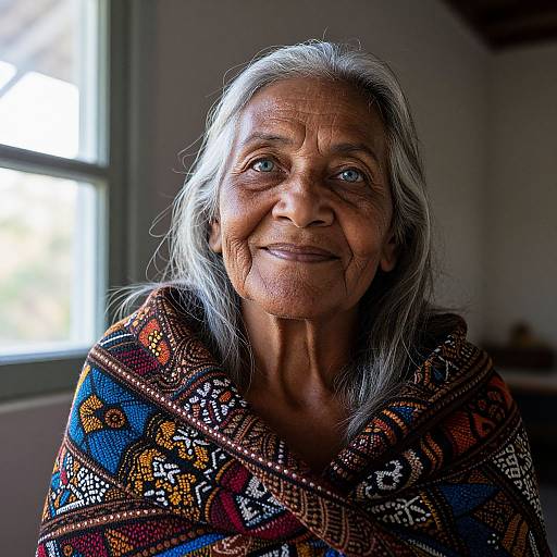 Photograph of an elderly woman with long gray hair, wearing a colorful, patterned shawl, standing indoors near a window, smiling warmly.