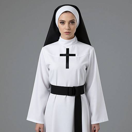 Photograph of a young woman in a white nun's habit with a black cross, black veil, and belt, standing against a plain gray background.