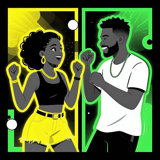Digital illustration of a smiling black couple dancing; woman in yellow shorts and black top, man in white tee, both glowing.