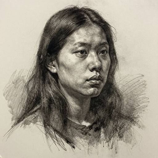 Monochromatic pencil sketch of an East Asian woman with long, straight hair, serious expression, and detailed facial features against a textured white background.