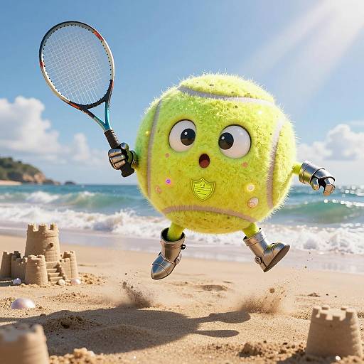 Anthropomorphic Tennis Ball Knight on Beach