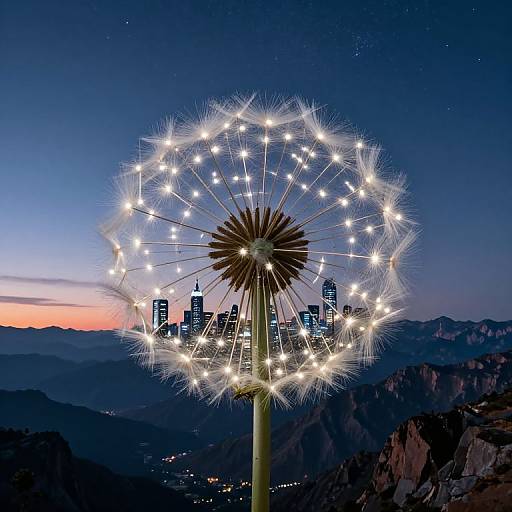Photograph of a glowing dandelion clock against a twilight cityscape with illuminated skyscrapers and mountainous terrain in the background.