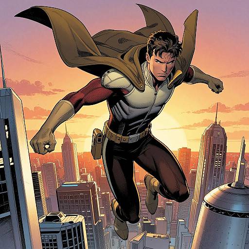 Colorful digital comic illustration of a muscular, dark-haired man with a brown cape, red shirt, and black pants, leaping over a city skyline
