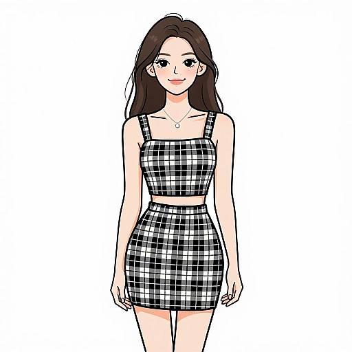 Smiling Woman in Plaid Two-Piece Outfit