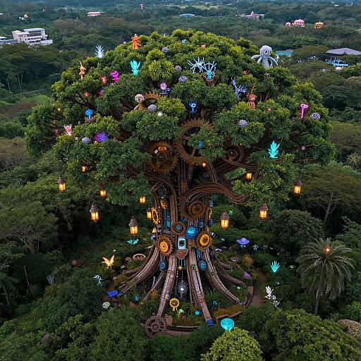 Aerial photograph of a vibrant, illuminated tree with colorful lanterns, glowing orbs, and whimsical figures, set in a lush, green forest.